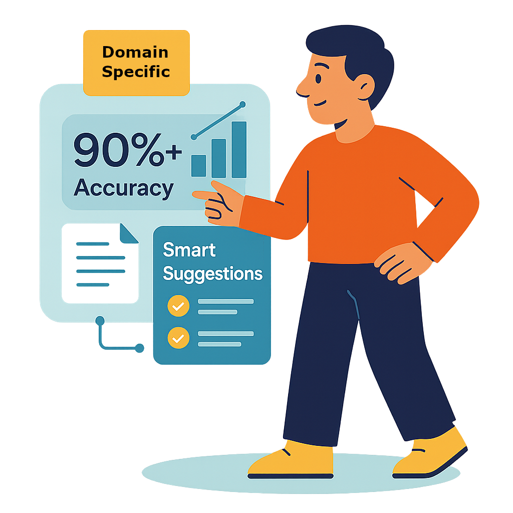 Illustration of a person pointing at a digital display showing 'Domain Specific', '90%+ Accuracy', and 'Smart Suggestions' with checkmarks and charts, indicating high-accuracy, domain-specific smart features.